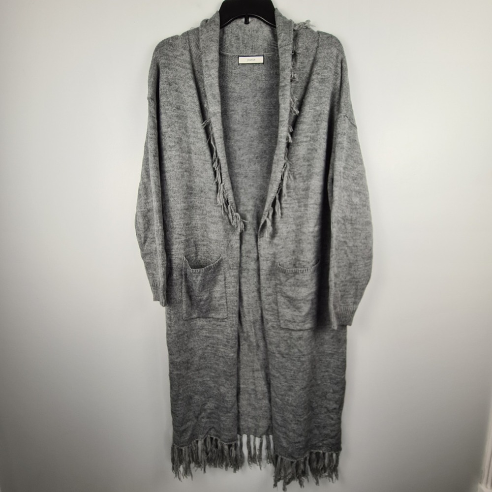 Jouetie Women's Gray Long‎ Open Cardigan Medium Fringe Pocket Wool Blend Knit